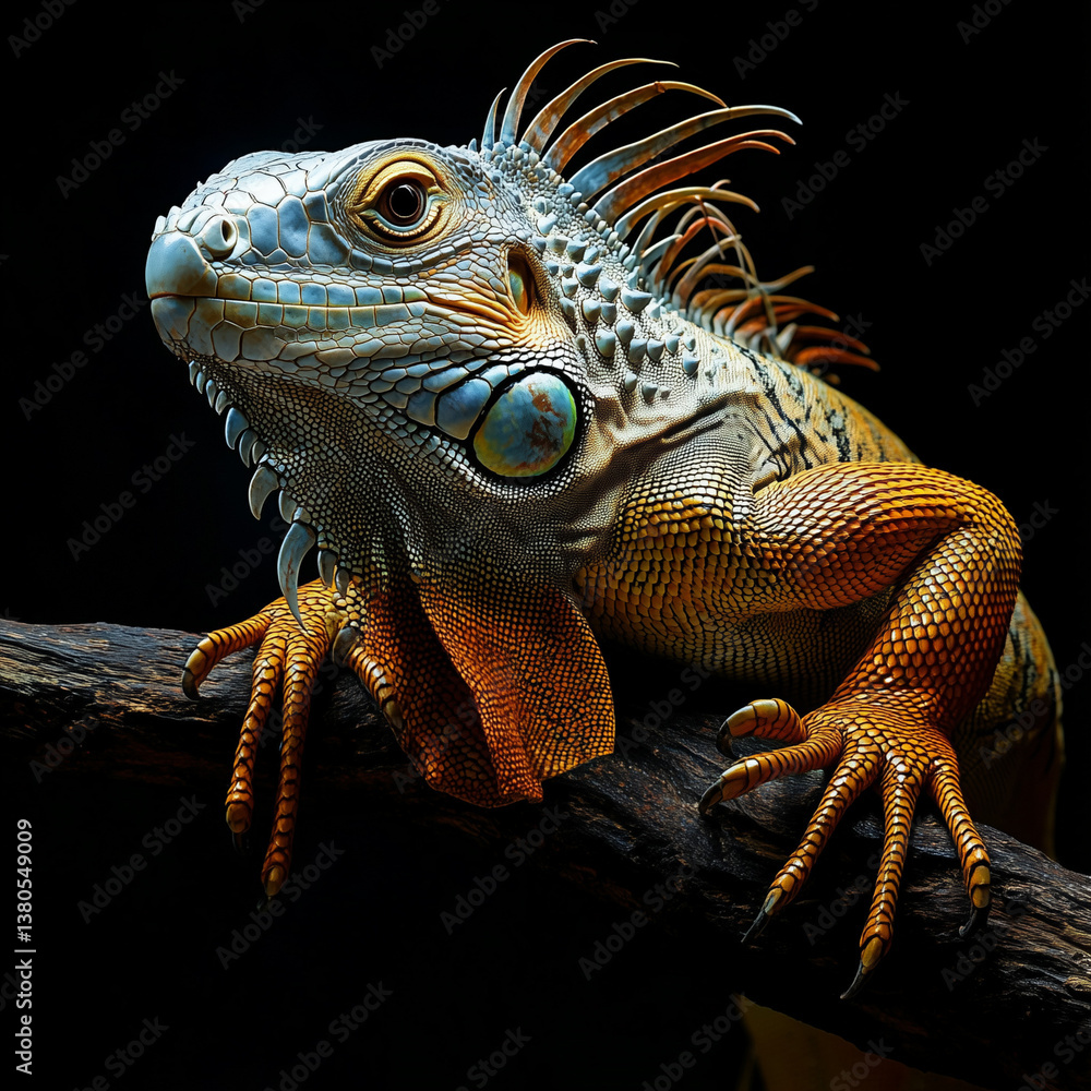 Fototapeta premium iguana on a branch on black background