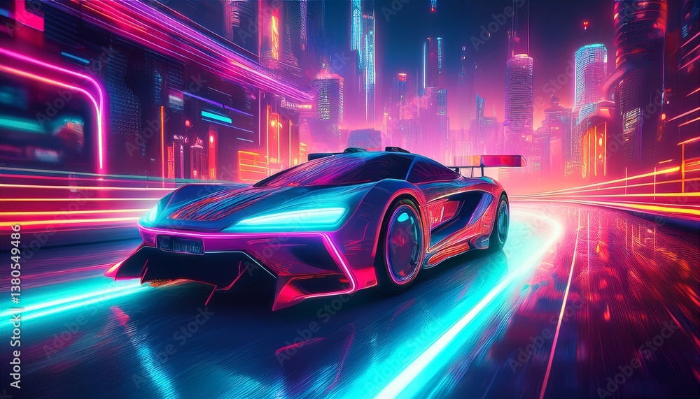 futuristic sports car with ai drives through neon lit cyberpunk city at night futuristic sports car with ai drives through neon lit cyberpunk city at night