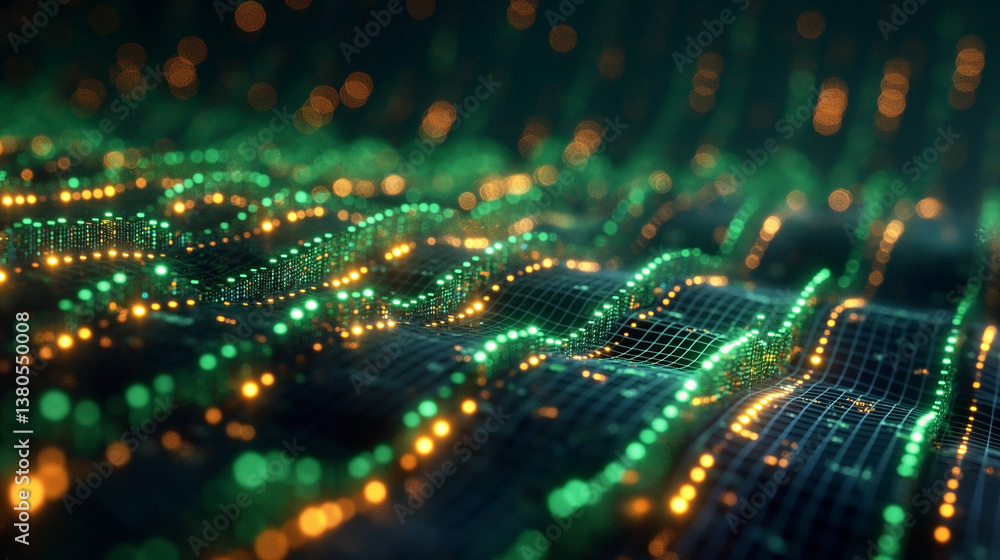 A mesmerizing abstract digital landscape with green and orange glowing waves, symbolizing data flow and connectivity. A mesmerizing abstract digital landscape with green and orange glowing waves, symbolizing data flow and connectivity.