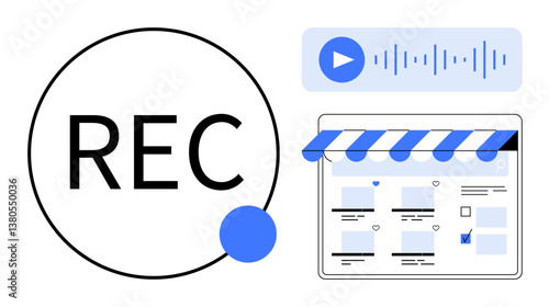 Audio player with waveform, recording sign, and content browser interface with blue highlight. Ideal for podcasts, media, content creation, digital recording, broadcasting, online platforms