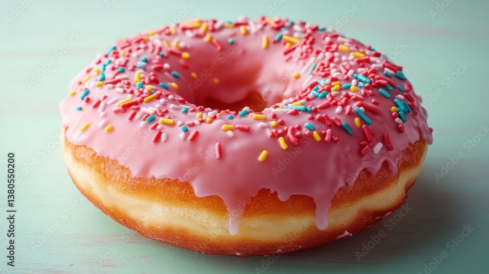 Close-Up of a Pink Frosted Donut with Colorful Sprinkles on Pastel Background Close-Up of a Pink Frosted Donut with Colorful Sprinkles on Pastel Background