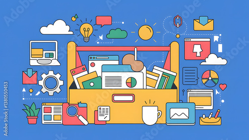 Productivity Tools: A digital toolkit filled with various software icons and apps, symbolizing productivity tools in business.	