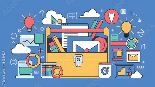 Productivity Tools: A digital toolkit filled with various software icons and apps, symbolizing productivity tools in business.	