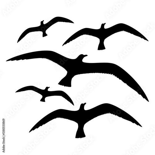 Seagulls flock of many birds flying 5 group team Isolated Vector Graphic Design Illustration
