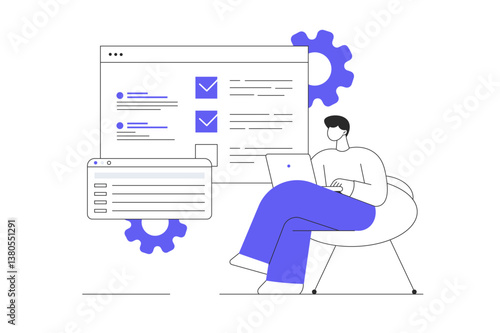 SaaS concept. Man buys software as a service and uses cloud technology to manage files and optimization process. Flat Cartoon Vector Illustration, icon. Stylish abstract design web
