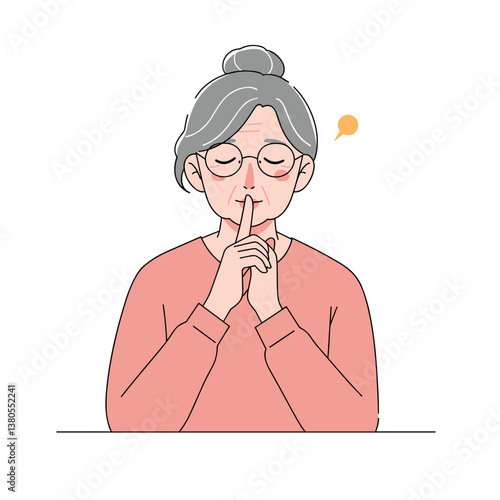 Elderly woman expressing tranquility while shushing in a minimal setting  