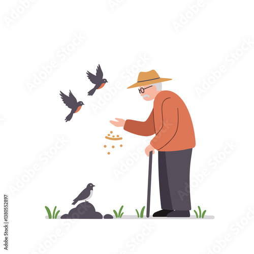 Elderly man feeding birds in a garden setting  