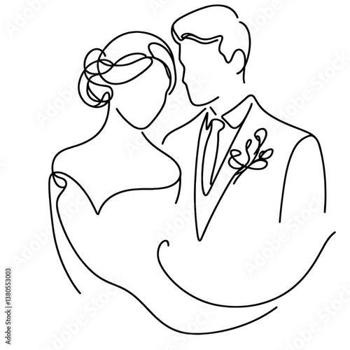 Elegant couple embracing in a wedding line drawing  