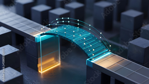 Change Management: A digital bridge being constructed over a gap, symbolizing the transition and adaptation in organizational change management.	
