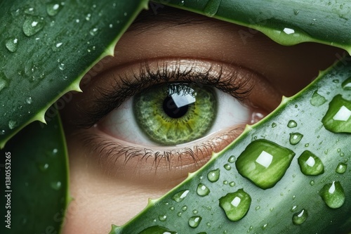 Close-Up of a Human Eye Framed by Aloe Vera Leaves with Water Droplets for Natural Beauty