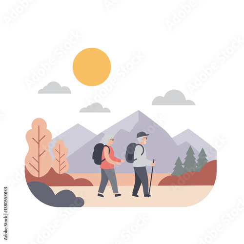 Senior hikers enjoying nature in a mountainous landscape  