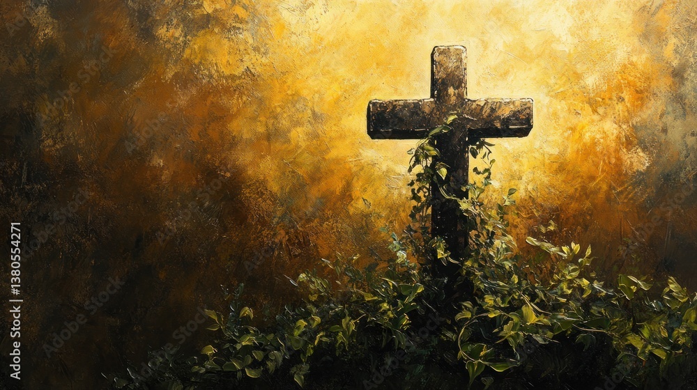 Fototapeta premium Rustic cross amidst foliage, an artistic representation of faith and nature