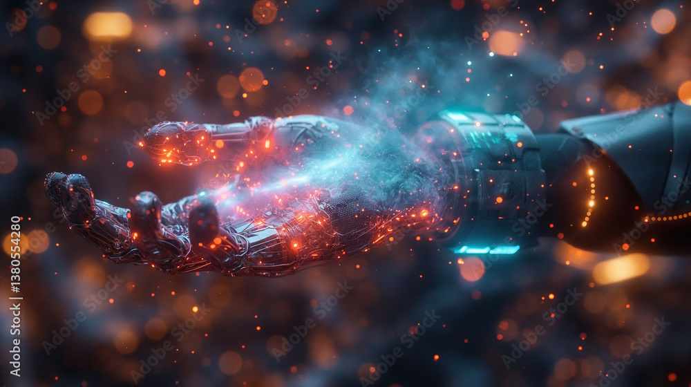Futuristic robotic hand emitting glowing particles, embodying innovation and technology. Futuristic robotic hand emitting glowing particles, embodying innovation and technology.