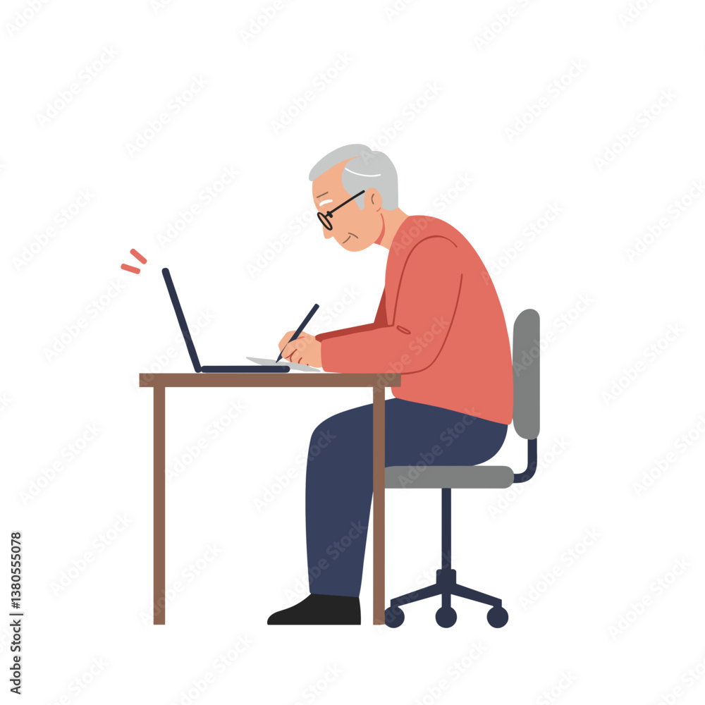 Elderly man concentrating on work at a desk Elderly man concentrating on work at a desk