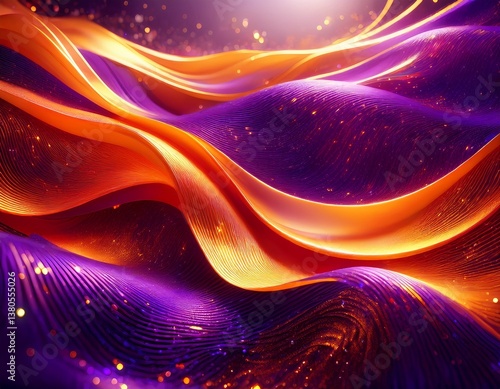 colorful abstract background with shimmering particles and waves of fabric in purple and orange hues