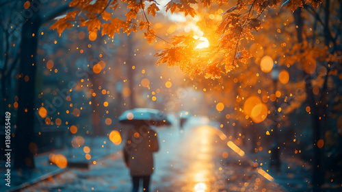 A person walks under an umbrella in a golden autumn park, illuminated by sunlight and surrounded by scattered raindrops.