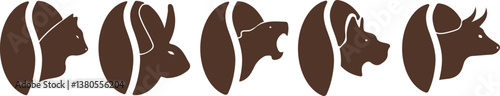 set of stylized simple coffee bean logos with animal silhouettes