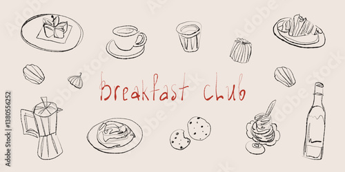 Hand drawn breakfast doodles set. Morning french pastries and drinks sketch. Coffee croissant jam tea dessert and matcha. Vector bakery brunch line icons collection