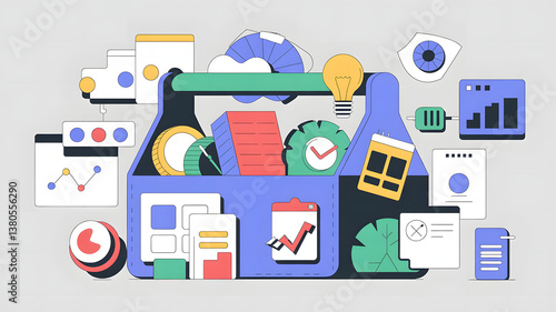 Productivity Tools: A digital toolkit filled with various software icons and apps, symbolizing productivity tools in business.	