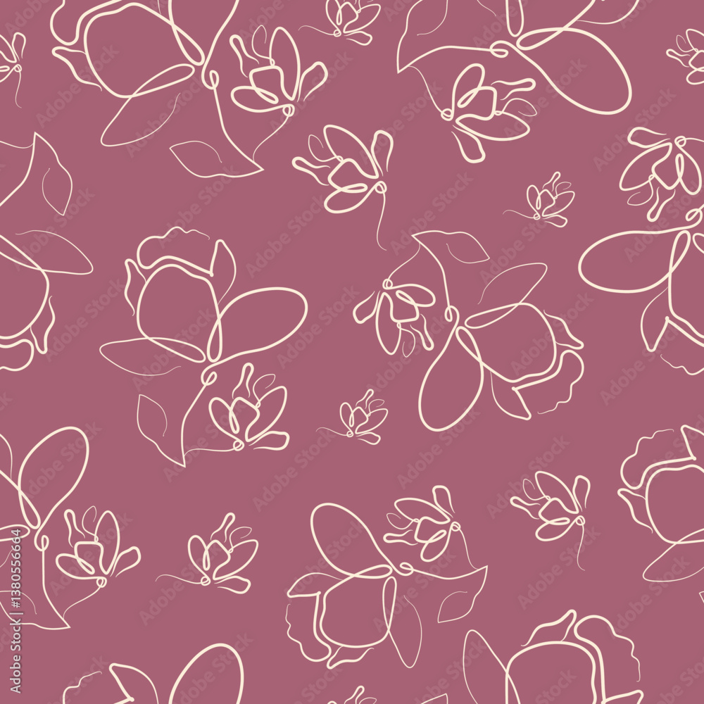 pink seamless poster pattern with flowers, namely with open magnolia buds in line art style pink seamless poster pattern with flowers, namely with open magnolia buds in line art style