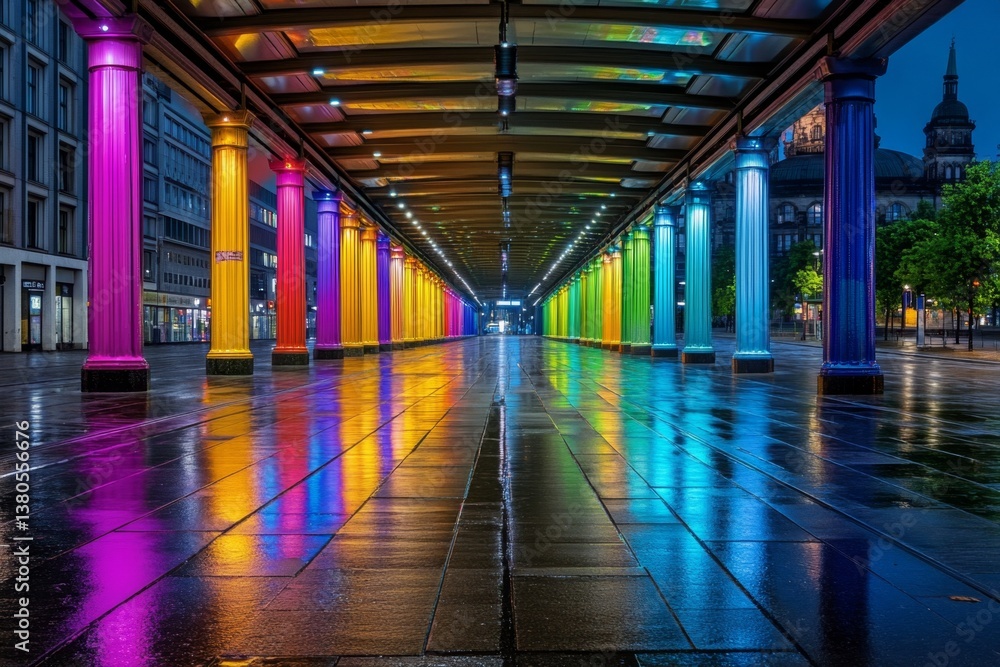 Fototapeta premium A vibrant night scene at Alexanderplatz, with neon lights reflecting on the wet pavement after rain