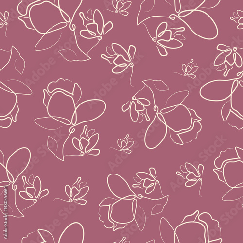 pink seamless poster pattern with flowers, namely with open magnolia buds in line art style