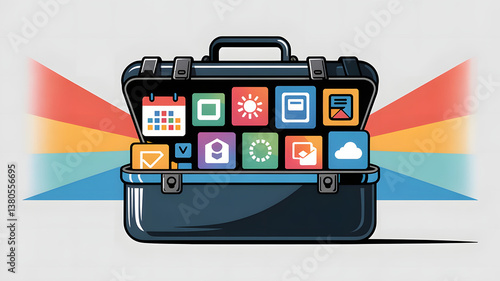 Productivity Tools: A digital toolkit filled with various software icons and apps, symbolizing productivity tools in business.	