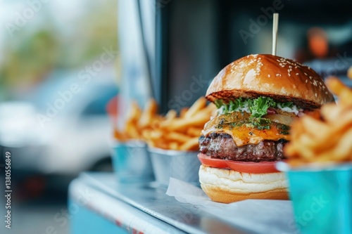 Juicy hamburger with cheddar cheese, lettuce, tomato, and crispy fries served in food truck