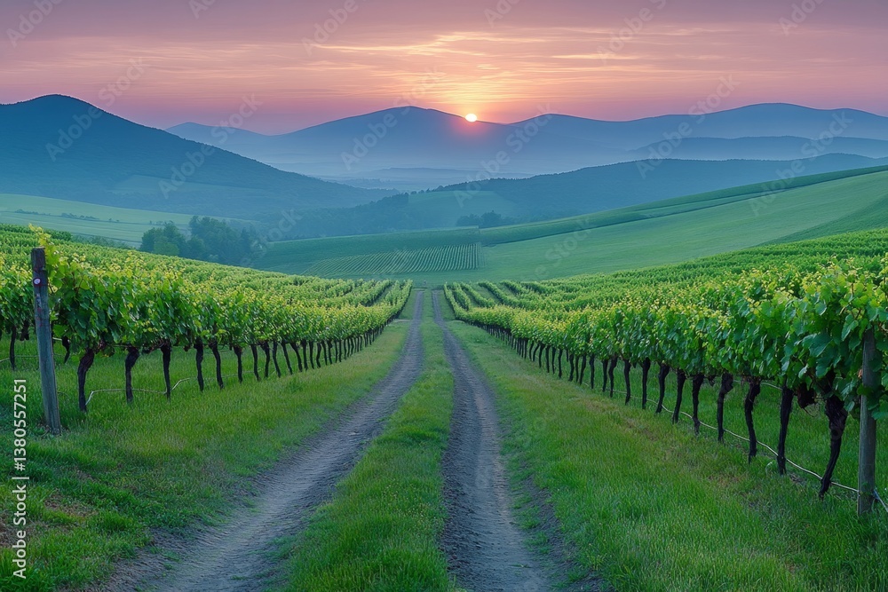 Naklejka premium A vineyard in the Hudson Valley at sunset, with rows of grapevines stretching into the distance