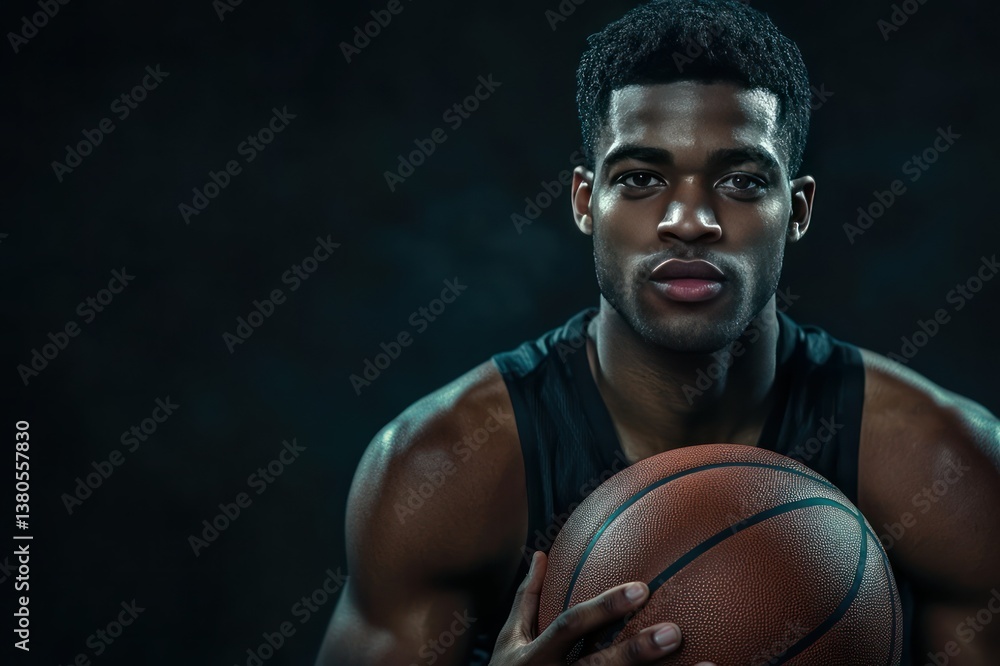 Fototapeta premium Intense Portrait of Male Basketball Player Holding Ball with Focused Expression in Dark Setting