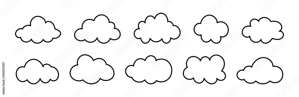 Flat outline clouds. Doodle fluffy clouds. Puffy, cumulus clouds. Cloudy forms mockups in black thin contour. Weather element minimal templates. Objects cloudscape layouts. Hand drawn black cute icon. Flat outline clouds. Doodle fluffy clouds. Puffy, cumulus clouds. Cloudy forms mockups in black thin contour. Weather element minimal templates. Objects cloudscape layouts. Hand drawn black cute icon.