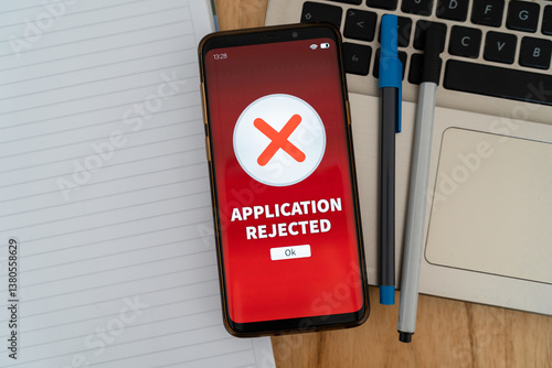 Application rejected notification on smartphone. Concept of getting rejected at new job or account application.