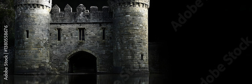 castle drawbridge over a moat - symbolizing the protective measures taken during medieval times wide banner - black background