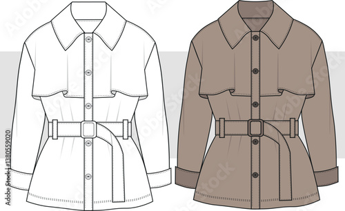 Women's Belted double breasted trench coat, Jacket technical drawing, flat sketch, fashion illustration, vector. Front and back view, CAD mock-up.