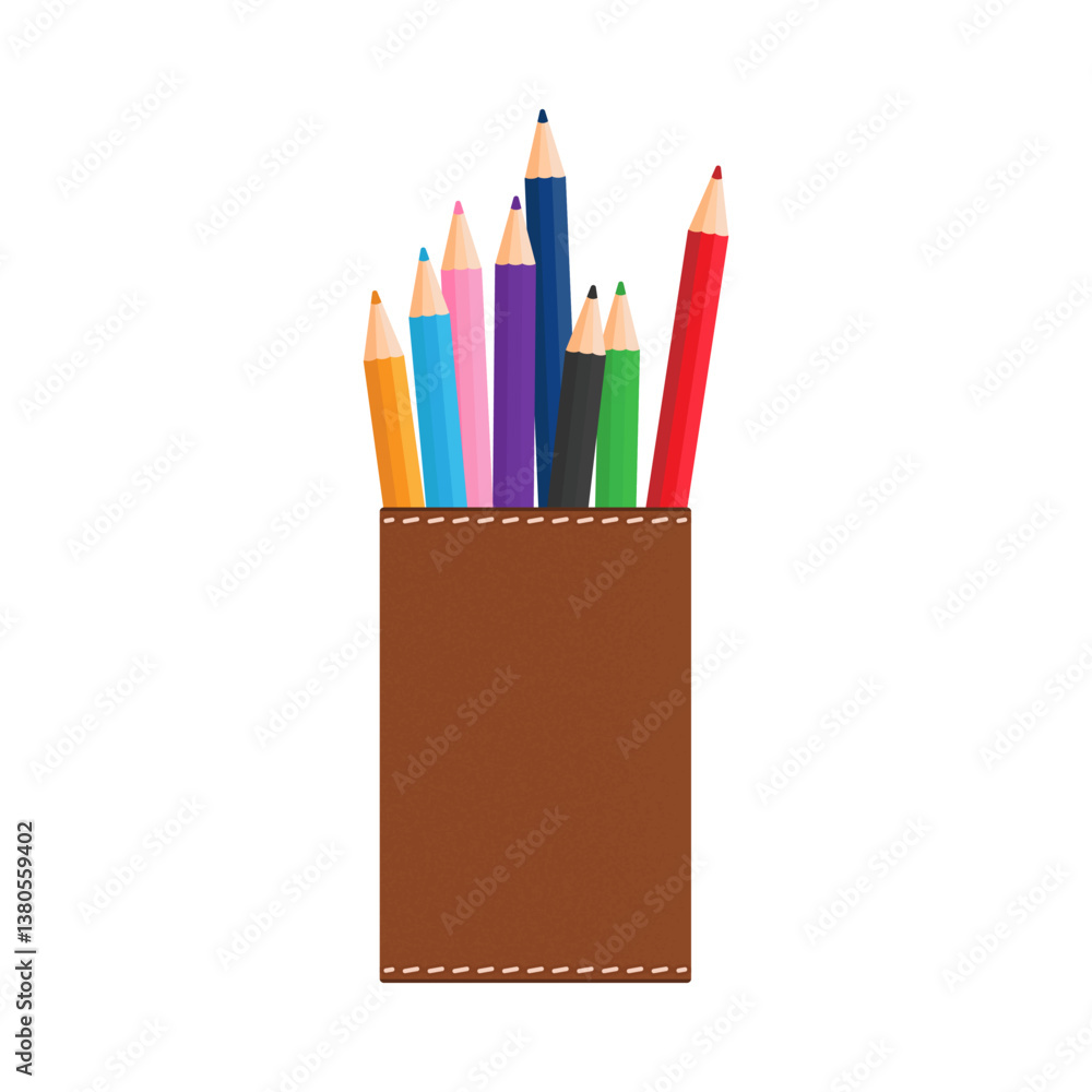 Leather pencil holder with colored pencils. Vector illustration isolated on a white background. EPS10