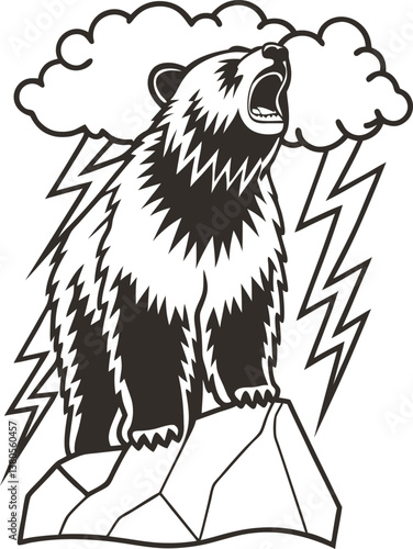 Roaring bear on mountain with storm clouds and lightning illustration.