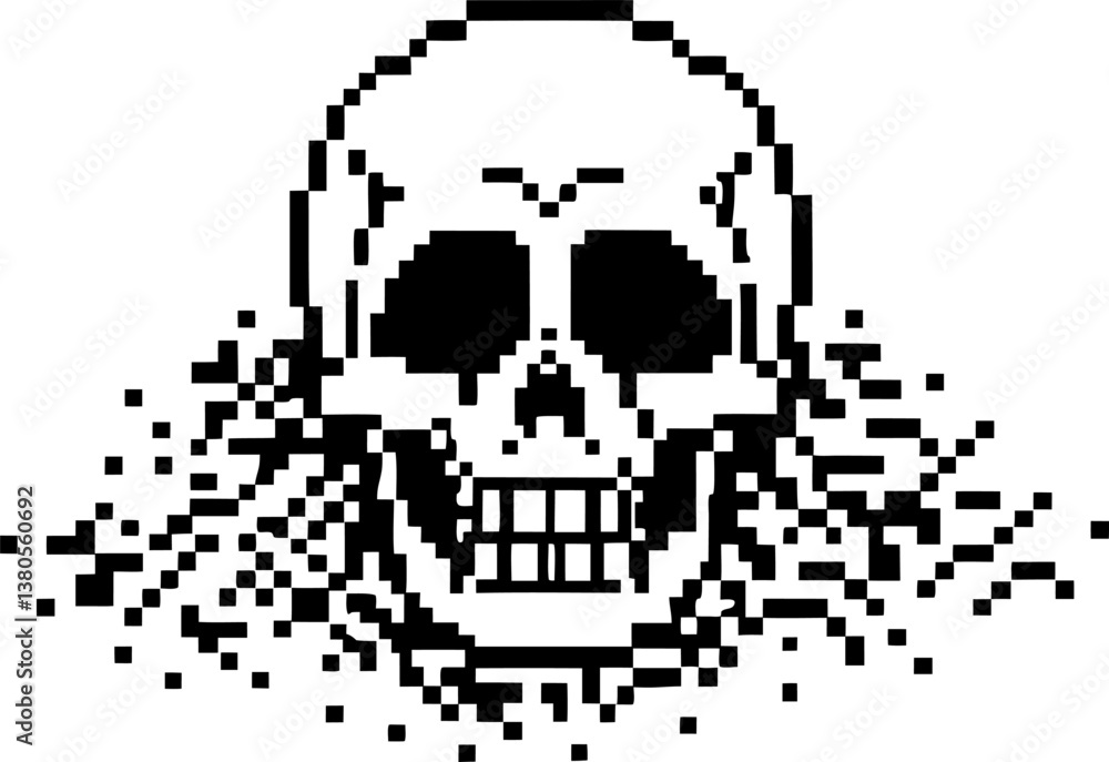 Fototapeta premium pixel art skull illustration retro digital skeleton design monochrome pixelated for gaming and art.