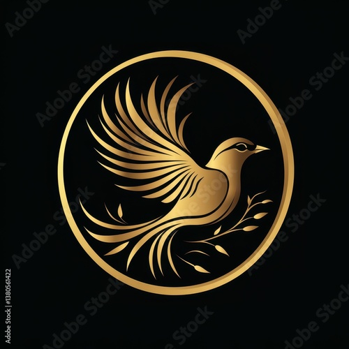 Elegant golden bird design symbolizes freedom and beauty in a circular frame against a black background