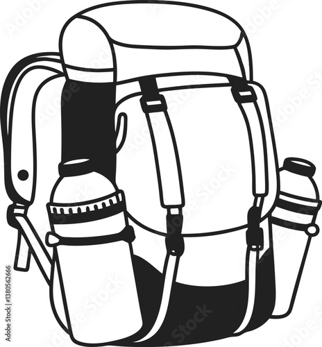 Outdoor adventure backpack with multiple straps and water bottles.