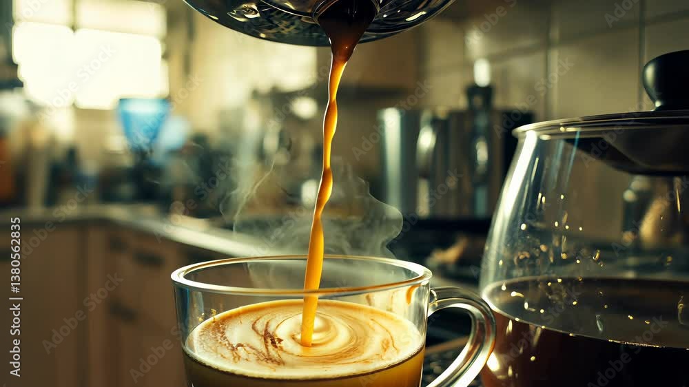 Pouring fresh coffee into a cup in a bright kitchen during morning hours for a perfect start to the day