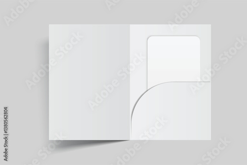 3D Single Pocket Folder, open Leaflet, bifold and business card mockup isolated on background. Blank folder paper template for presentation credit card, key Card, notecards, postcard, invitation
