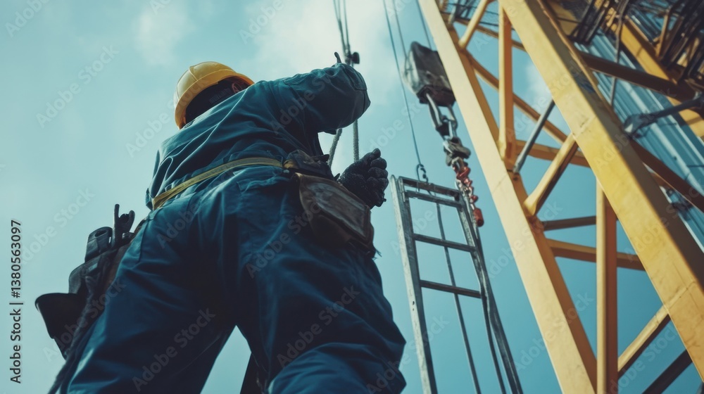A construction worker repairing a crane on-site. Featuring expertise and maintenance A construction worker repairing a crane on-site. Featuring expertise and maintenance