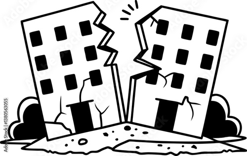 cracked buildings, earthquake impact illustration damaged urban structures, natural disaster concept.