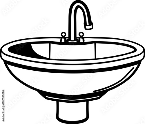 modern bathroom sink illustration with faucet black and white minimal design, plumbing fixture graphic.