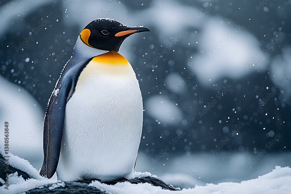 Fototapeta premium single emperor penguin against a stormy antarctic backdrop. the penguin stands tall, bracing against the cold wind, with snowflakes and a dramatic sky.
