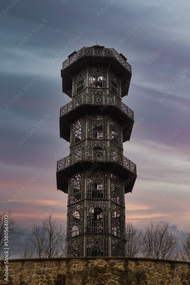 sunset at the interesting iron observation tower in Löbau