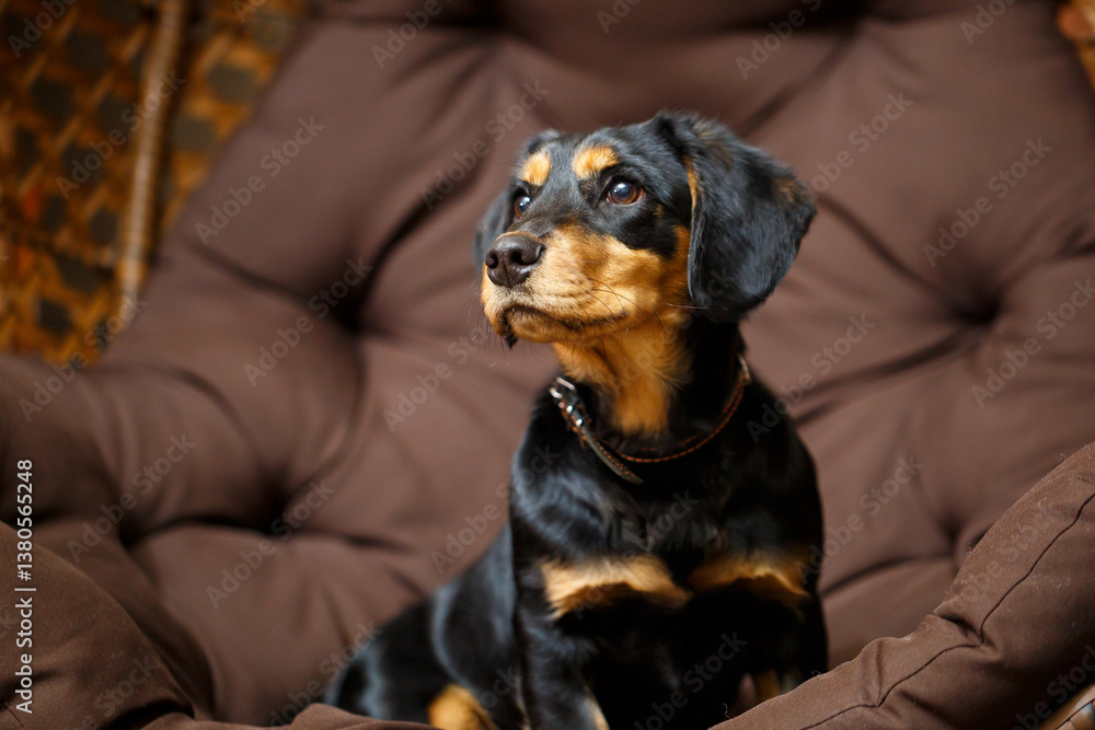 An adorable dog comfortably resting on a cozy, soft brown cushion serves as a delightful companion for all pet lovers, adding charm, joy, and comfort to any living space in beautifully cozy style
