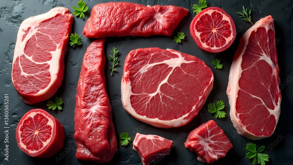 Overhead shot of various raw beef cuts arranged aesthetically on a dark stone countertop Overhead shot of various raw beef cuts arranged aesthetically on a dark stone countertop