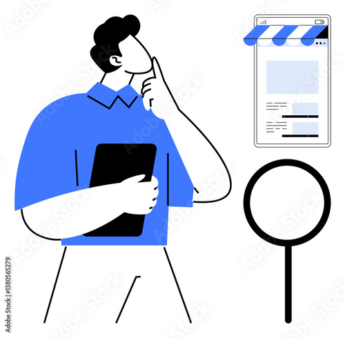 Person holding tablet, contemplating next action near magnifying glass and website interface. Ideal for research, digital marketing, SEO, analytics, online strategy, e-commerce, flat simple metaphor