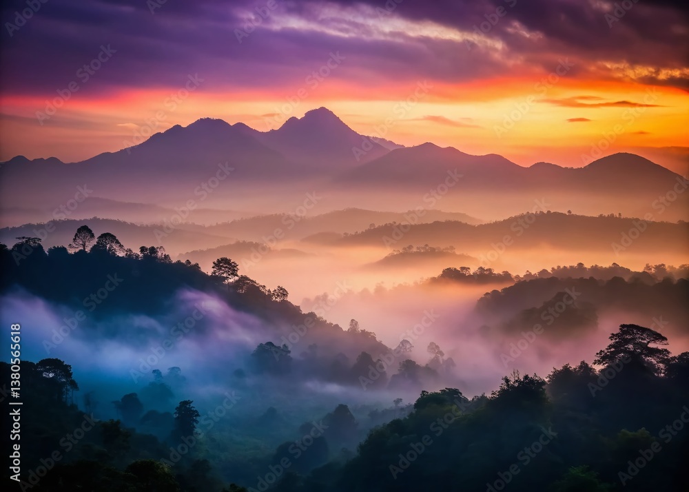 Obraz premium Silhouetted Misty Mountain, Deep Thai Forest - Dramatic Stock Photo